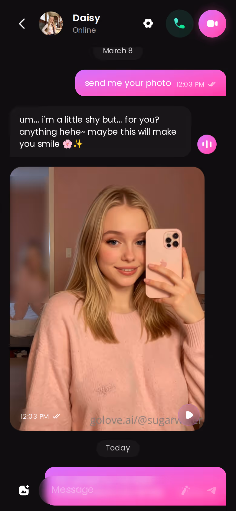 Fil complet d'une discussion GoLove sur mobile, texte et photos dans le même thread
