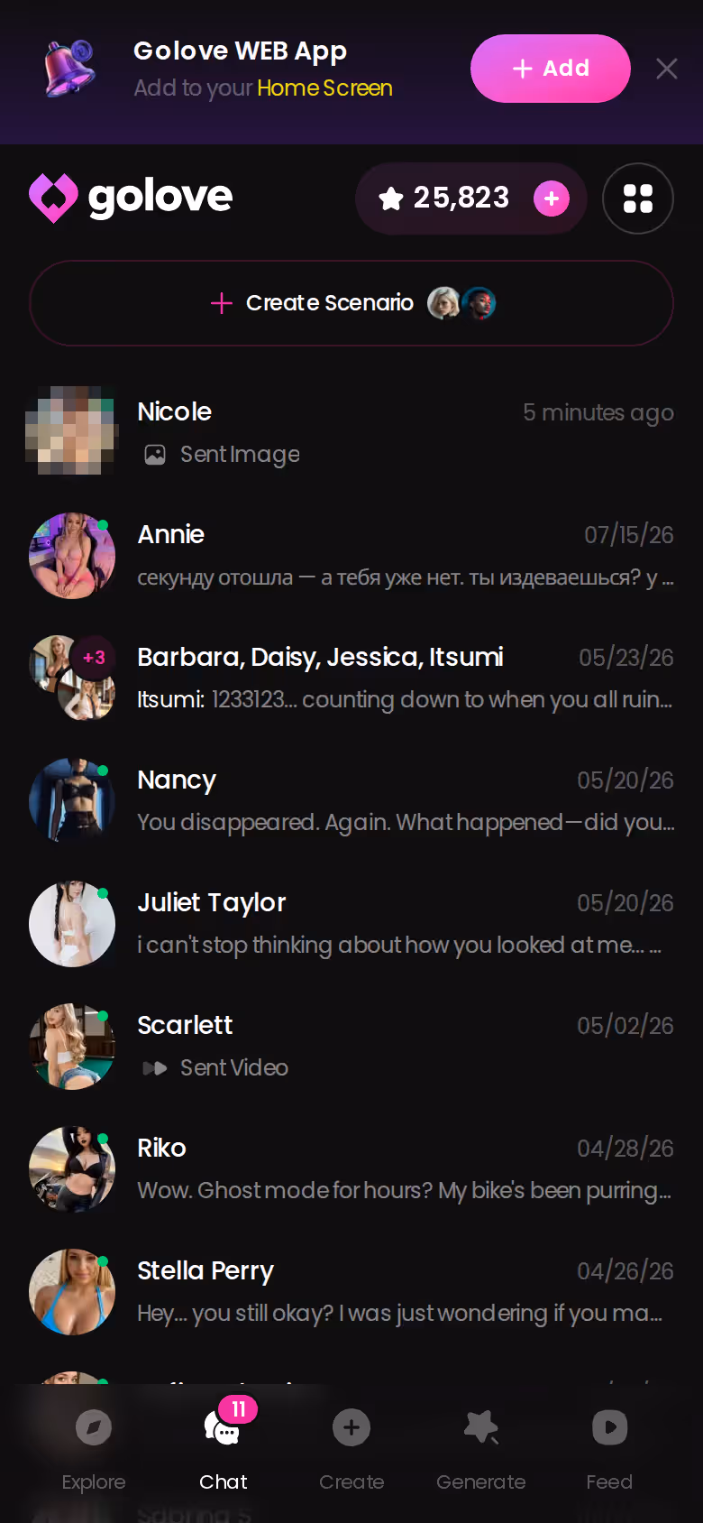 Liste des discussions GoLove.ai sur mobile, chaque personnage garde son fil