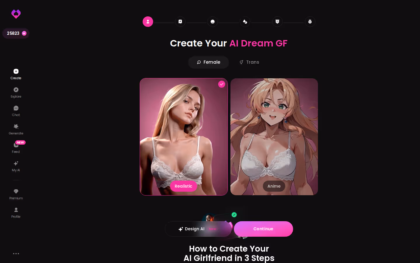 Créer — Réaliste ou Anime, Femme ou Trans, puis Continuer.