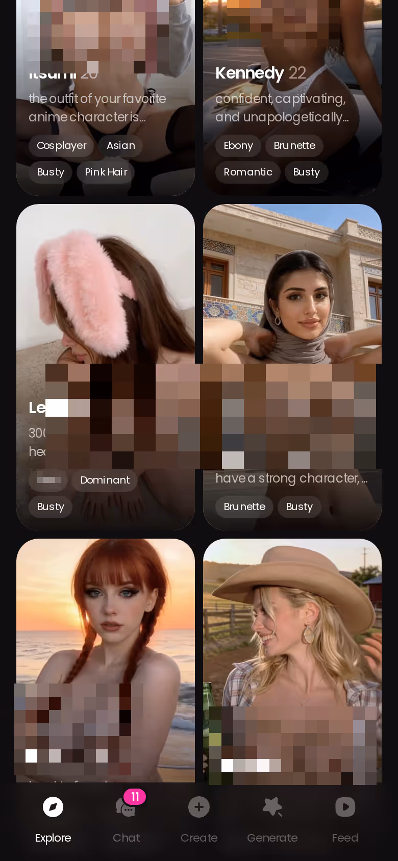 Page Explorer de GoLove.ai sur mobile avec des personnages réalistes