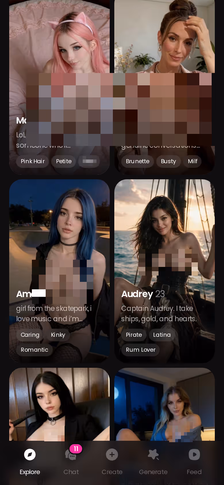 Onglet Explorer de GoLove sur mobile, avec les personnages réalistes prêts à discuter