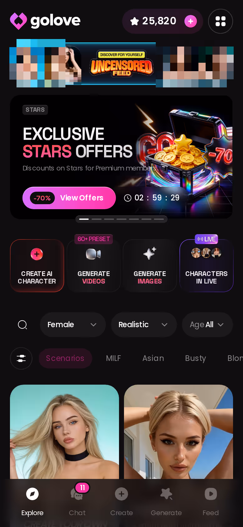 L'onglet Explore sur mobile, personnages réalistes — un tap et la discussion s'ouvre