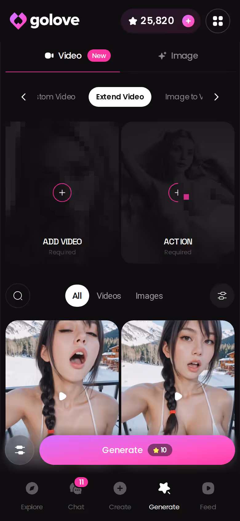 Générateur vidéo GoLove.ai sur mobile en mode Prolonger la vidéo
