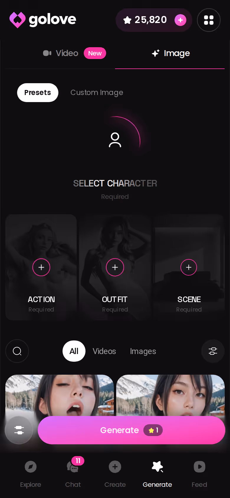 Mode Image du Générateur GoLove.ai sur mobile, là où les Stars se dépensent