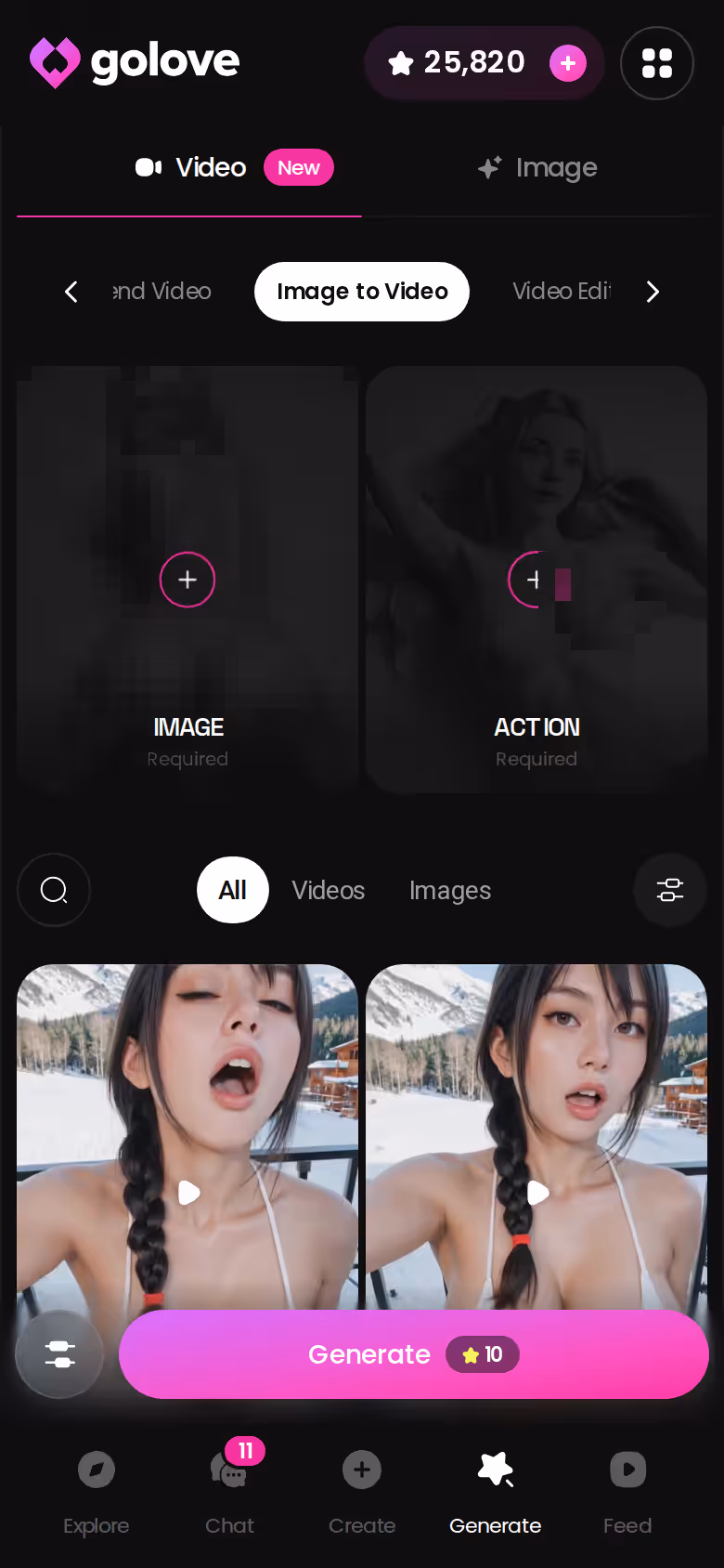 Le générateur vidéo de GoLove.ai dans un navigateur mobile