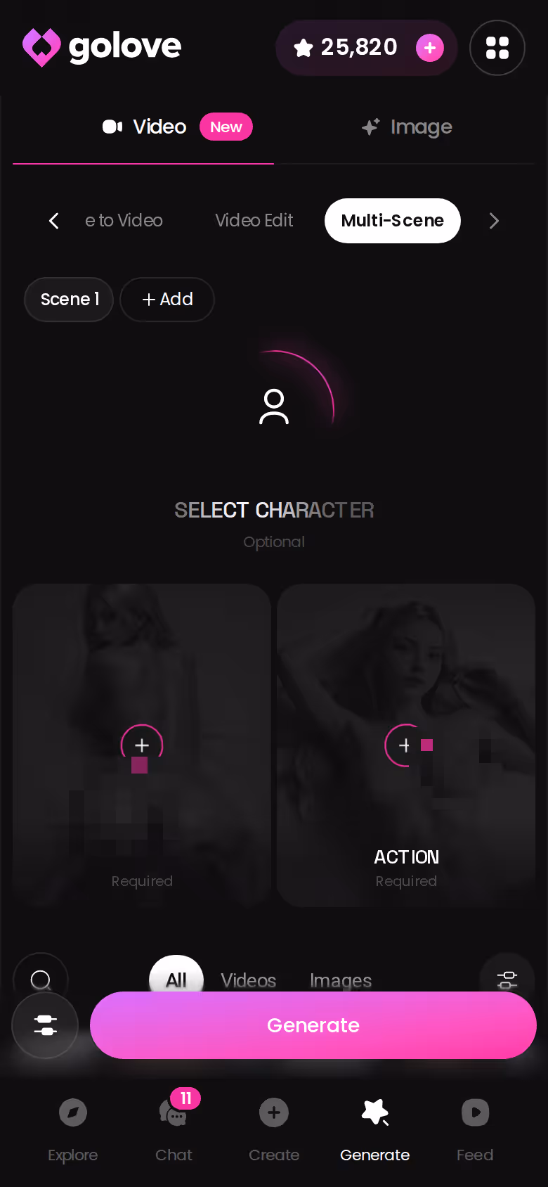 Générateur vidéo GoLove.ai sur mobile avec cartes d'action, tenue et décor