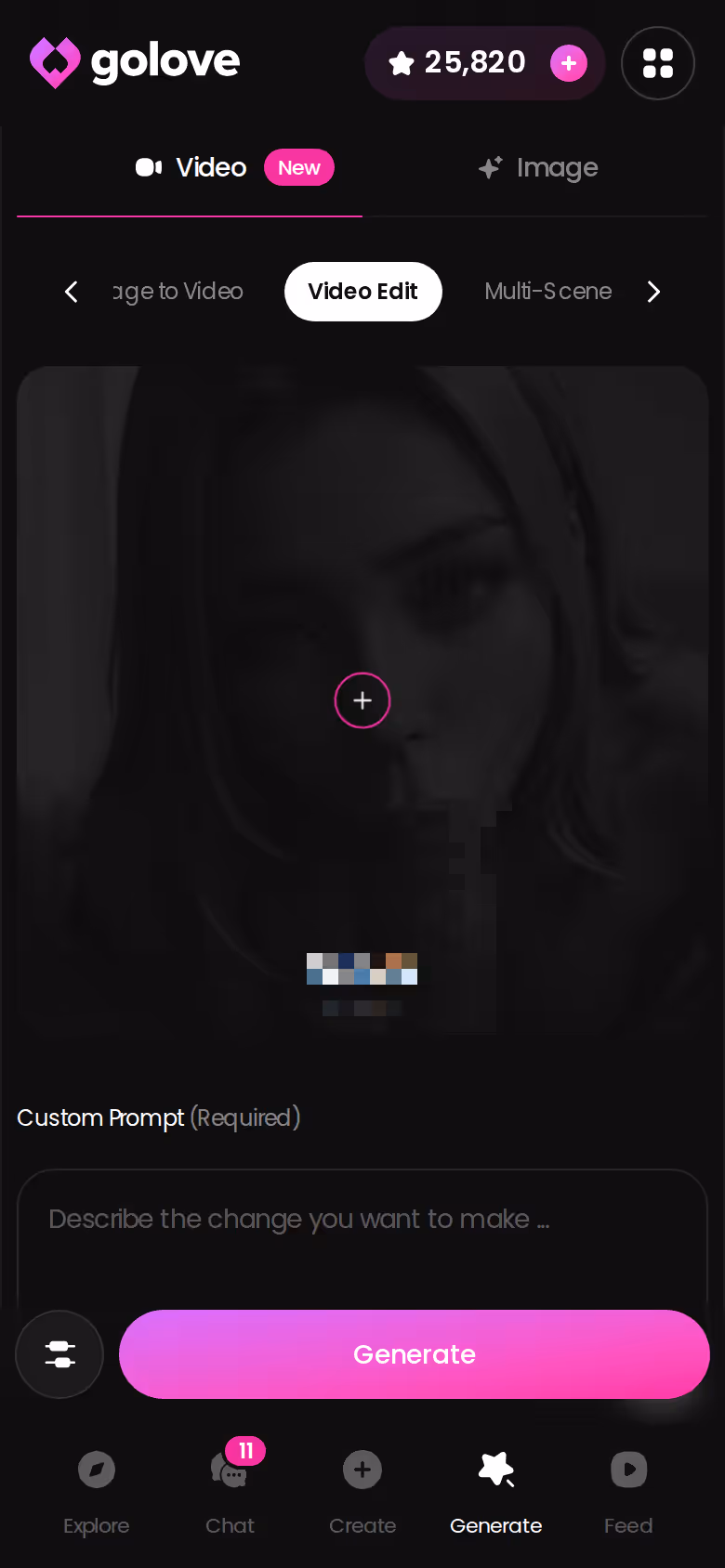 Générateur vidéo GoLove sur mobile, cartes de presets action, tenue et décor